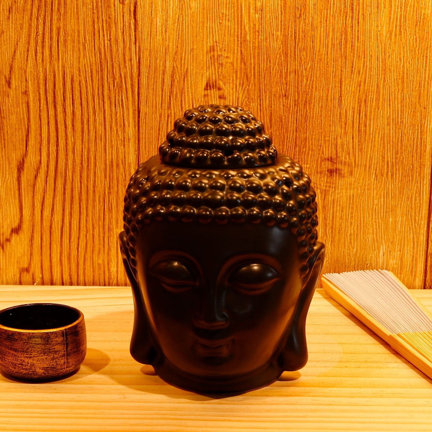 Omonic Porcelain Zen Garden Yoga Meditation Black Thai Buddha Head Statue Essential Oil Burner Home Decor (Black)