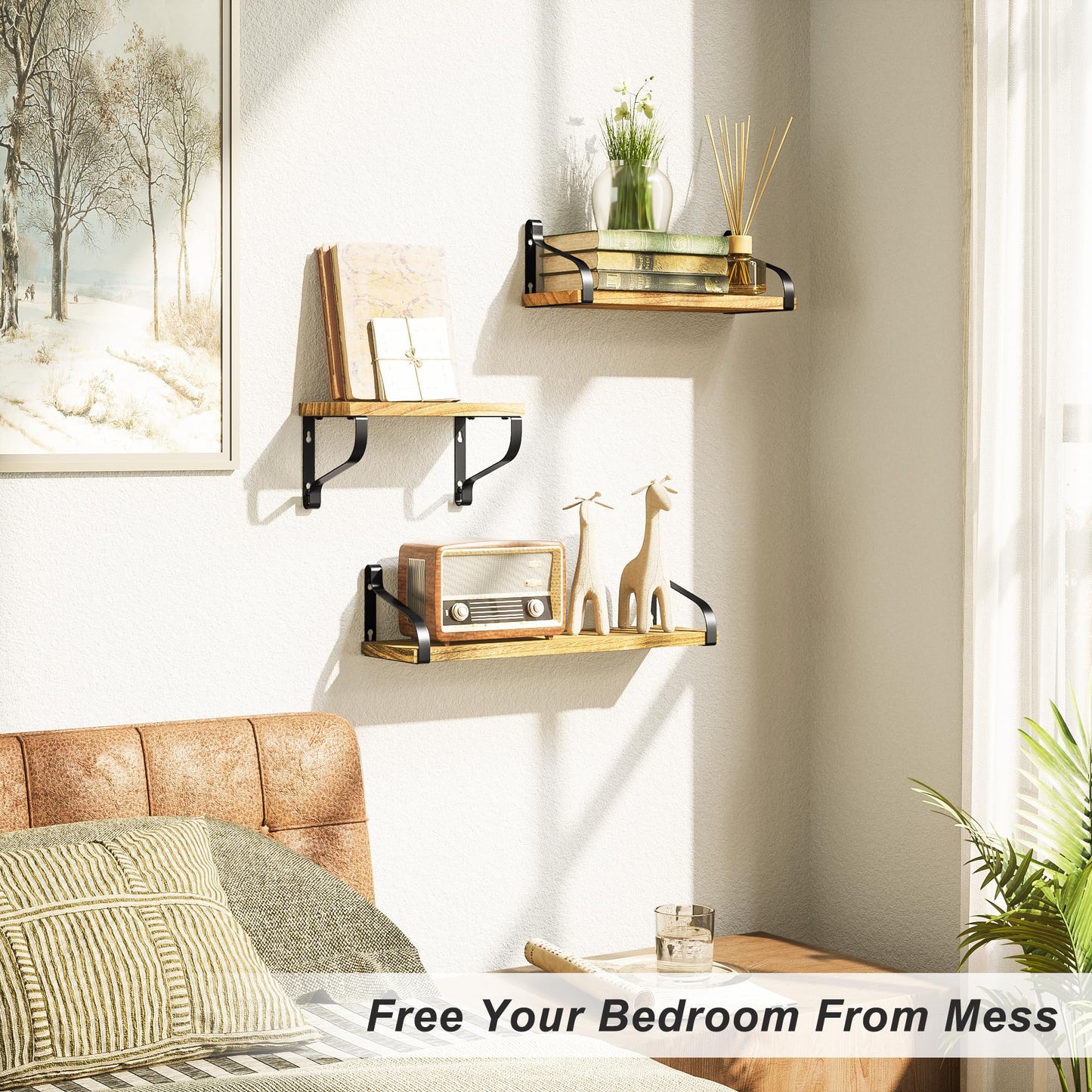 Love-KANKEI Floating Shelves Wall Mounted Set of 3, Rustic Wood Wall Storage Shelves for Bedroom, Living Room, Bathroom, Kitchen, Office and More Carbonized Black