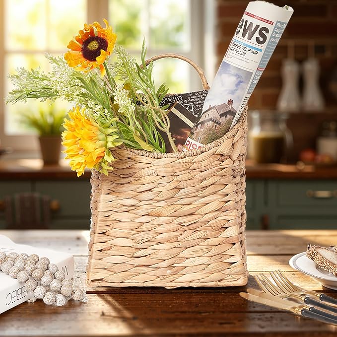 Hanging Basket for Front Door –10.5" H Water Hyacinth Woven Wall Mounted