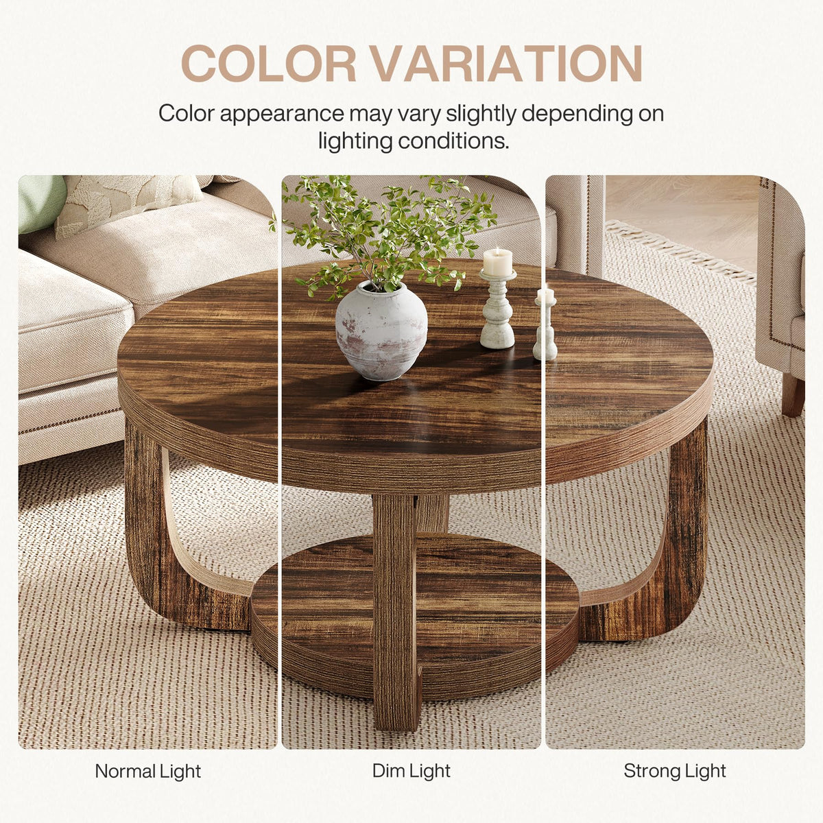 Tribesigns Round Coffee Table, 2-Tier Circle Coffee Table with Storage, Modern Wooden Accent Center Table for Living Room, Thick Tabletop & Base, Dark Brown