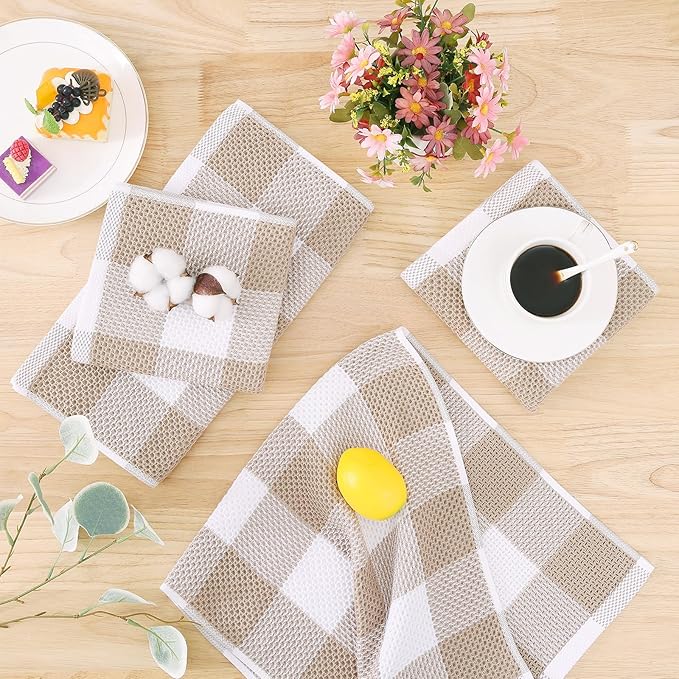 Homaxy 100% Cotton Waffle Weave Check Plaid Dish Cloths, 12 x 12 Inches