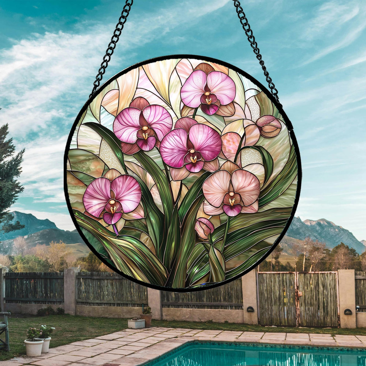 AMDERVEN Stained Glass Window Hanging - Pink Phalaenopsis Orchid Green Leaves Sun Catcher for Door Home Decor Flower Suncatcher Christmas Mother's Day Birthday Gifts for Women Men Mom Nana 7.8 in