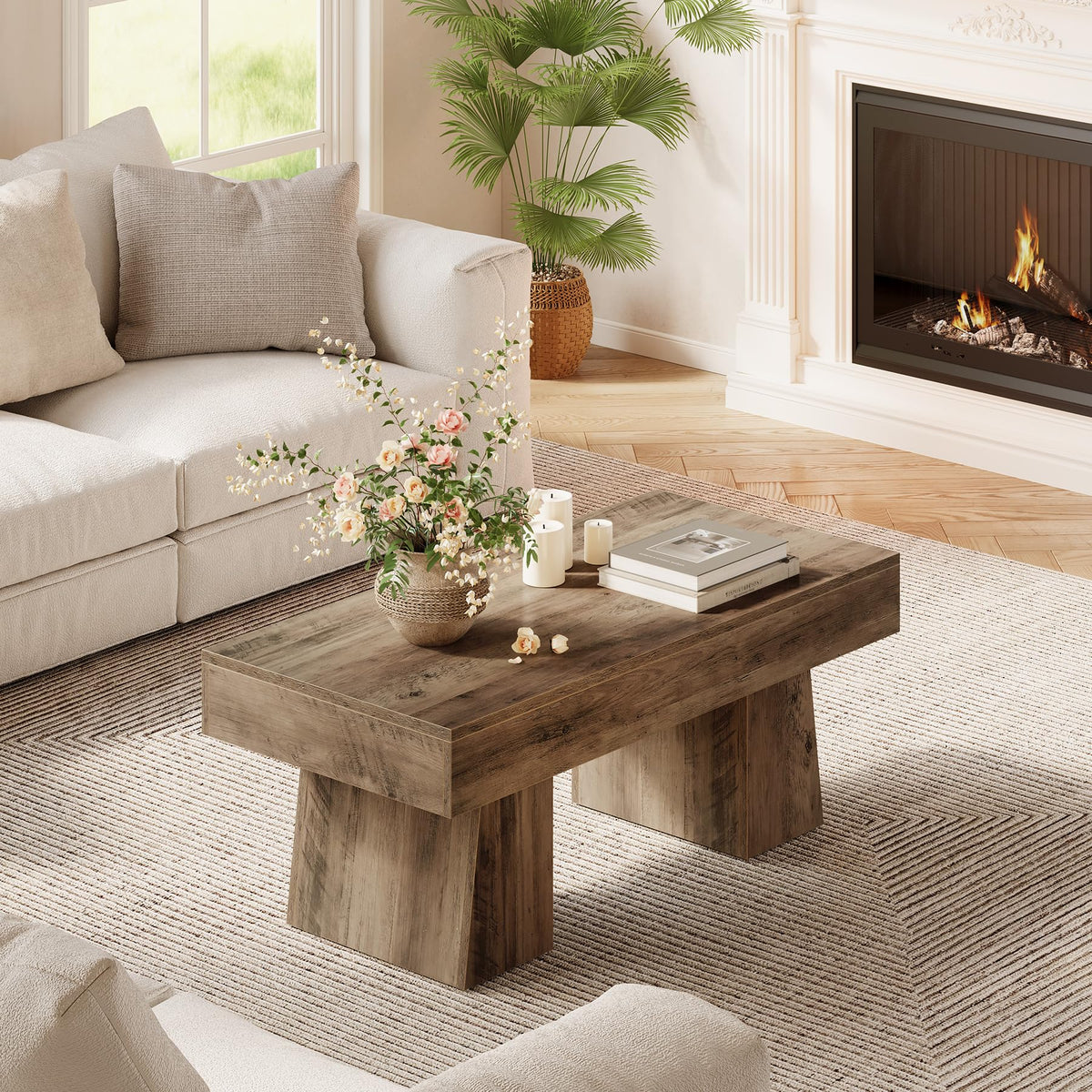 LITTLE TREE Farmhouse Coffee Table, 47 Inches Wooden Rectangular Accent Center Tables with Thick Base, Modern Low Cocktail Tea Furniture for Living Room (Rustic Brown)