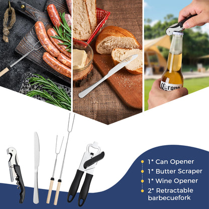 THTYBROS Portable Camping Kitchen Utensil 34 Pcs Set- Cookware Kit, Stainless Steel Outdoor Cooking and Grilling Utensil Organizer Travel Set Perfect for Travel, Picnics, RVs, Camping, BBQs, Parties