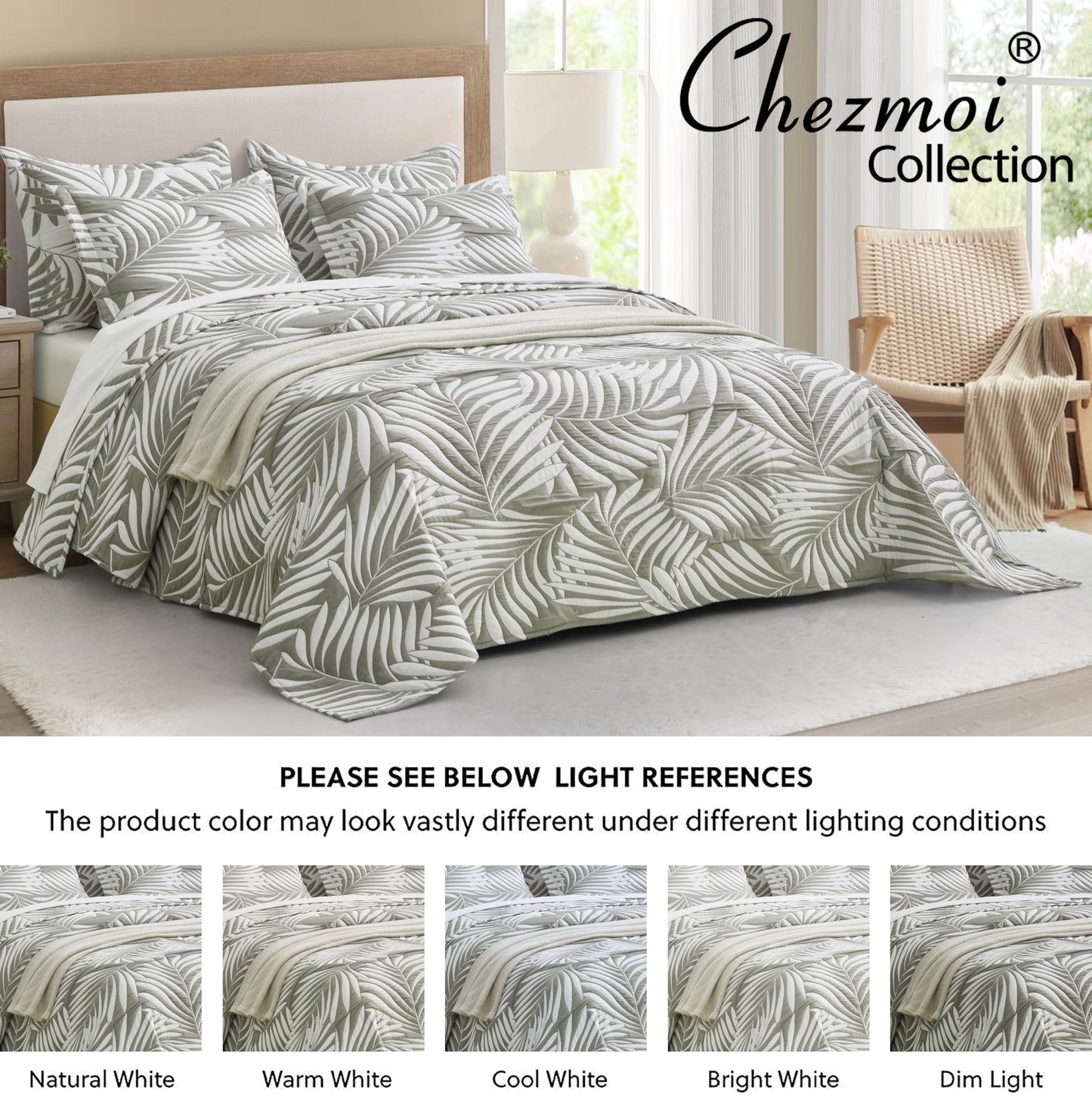 Chezmoi Collection Oversized Bedspread 100x106, Jacquard Matelasse Leaf Damask Design, 5-Piece Lightweight Reversible Microfiber Bedding Coverlet Set for All Season, Queen, Platinum Gray/White
