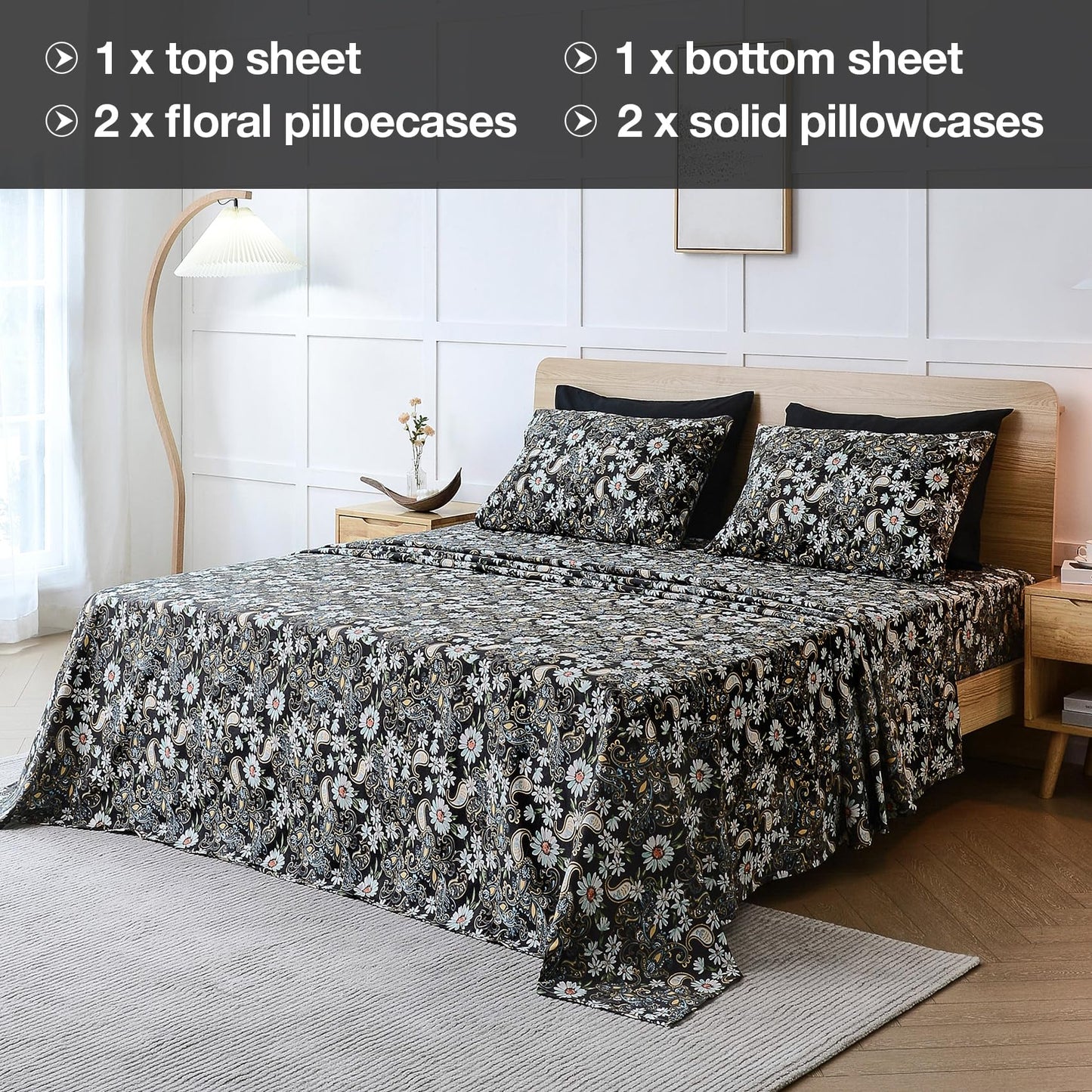 JSD Black Paisley Floral Printed Sheet Set King Size 6 Piece, Soft Pattern Microfiber Bed Sheets Extra Deep Pocket