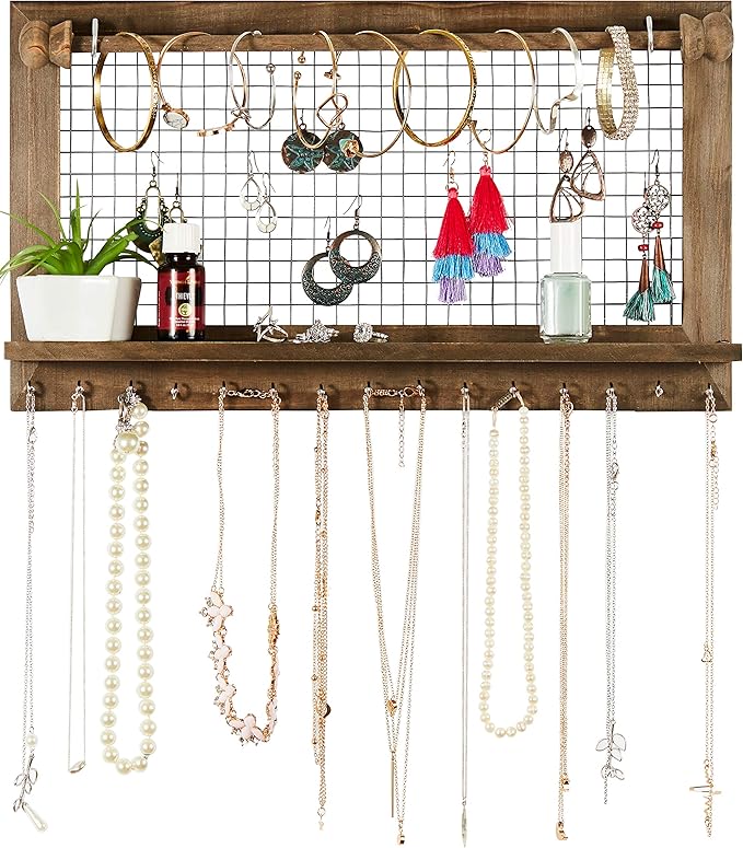 Rustic Jewelry Organizer with Bracelet Rod Wall Mounted