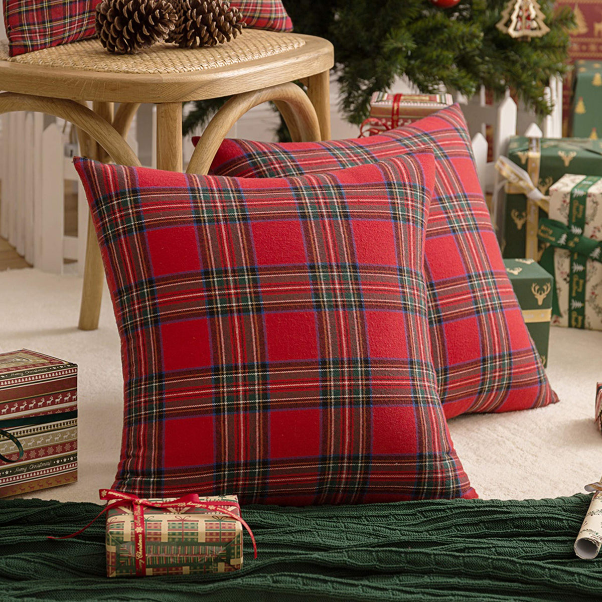 AQOTHES Pack of 2 Christmas Plaid Decorative Throw Pillow Covers Scottish Tartan Cushion Case for Farmhouse Home Holiday Decor Red and Green, 22 x 22 Inches