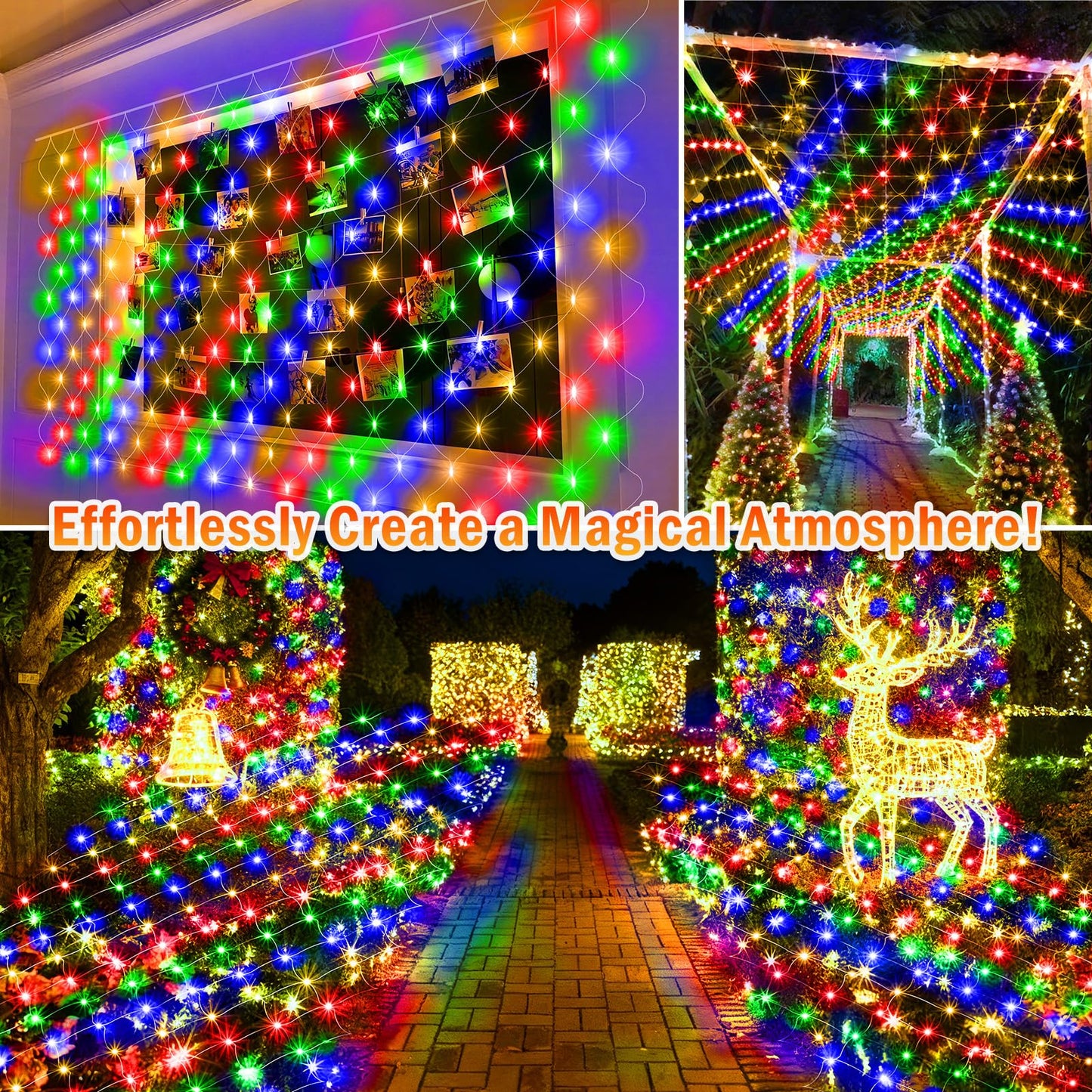 KNONEW Christmas Net Lights 420 LEDs 13ft x 6.6ft Outdoor Mesh Lights Connectable Waterproof 8 Modes & Timer Plug-in Net Fairy Lights for Bushes Garden Party Wedding Holiday,Multicolor