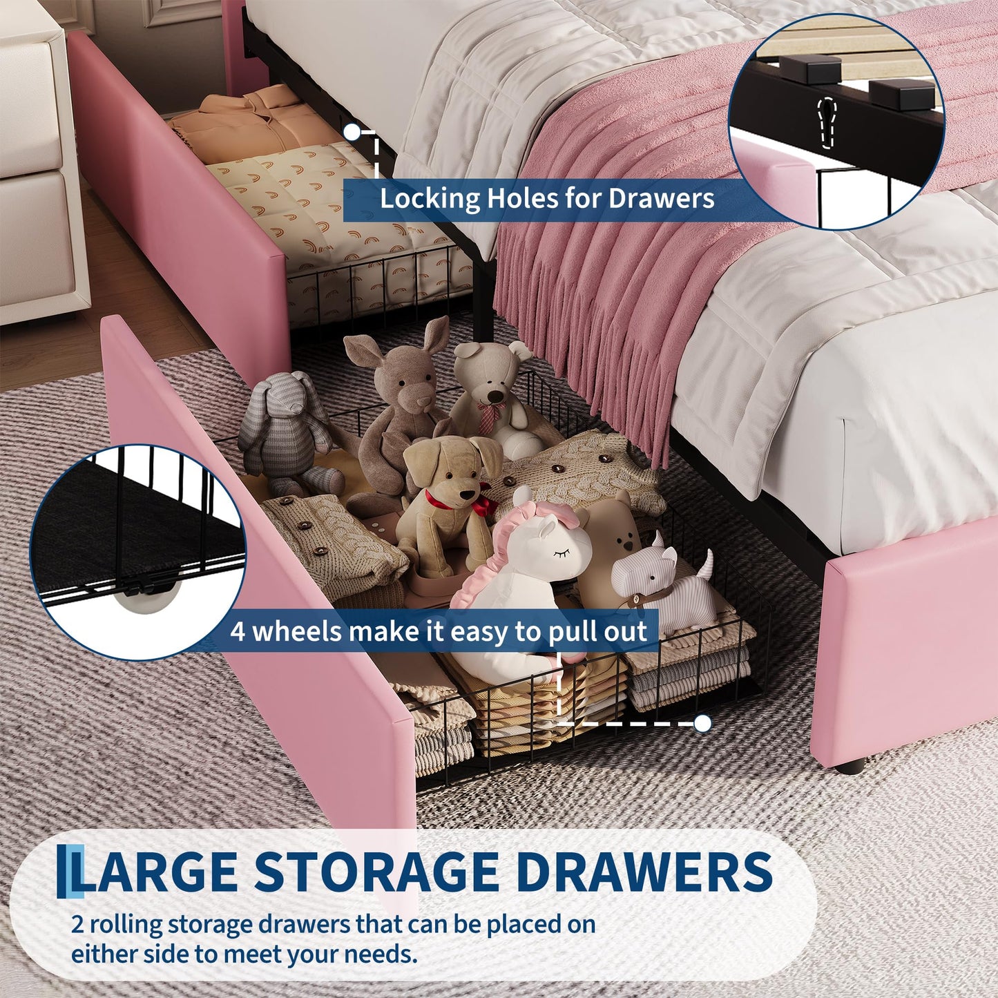 Garvee Twin Size Bed Frame with 2 Flexible Drawers, Velvet Upholstered Platform Bed Frame with Bookcase Headboard and LED Lights, Kids Bed for Girls, Easy Assembly, Noise Free, Pink