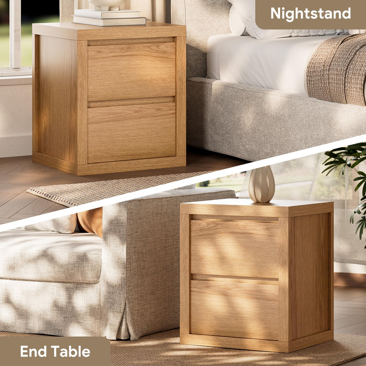 Cozy Castle Nightstand with 2 Drawers, Modern Bedside Table with Handless Design, Wood End Table with Thickened Design, Night Stand for Bedroom, Oak