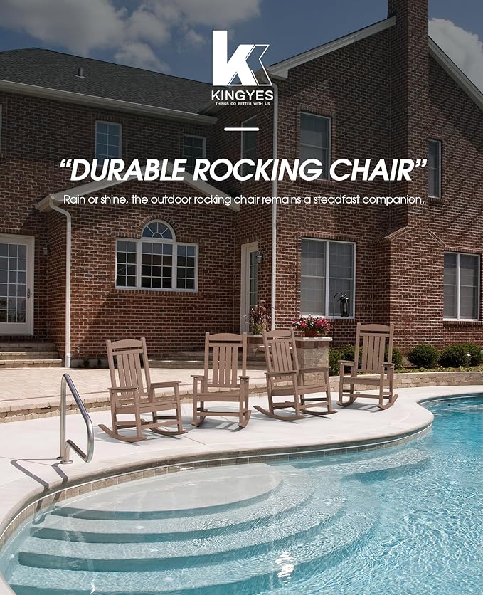 KINGYES HDPE Rocking Chairs Outdoor, Patio Rocking Chairs with 330lbs Support, Smooth Porch Rocker for Deck Lawn Yard, Brown