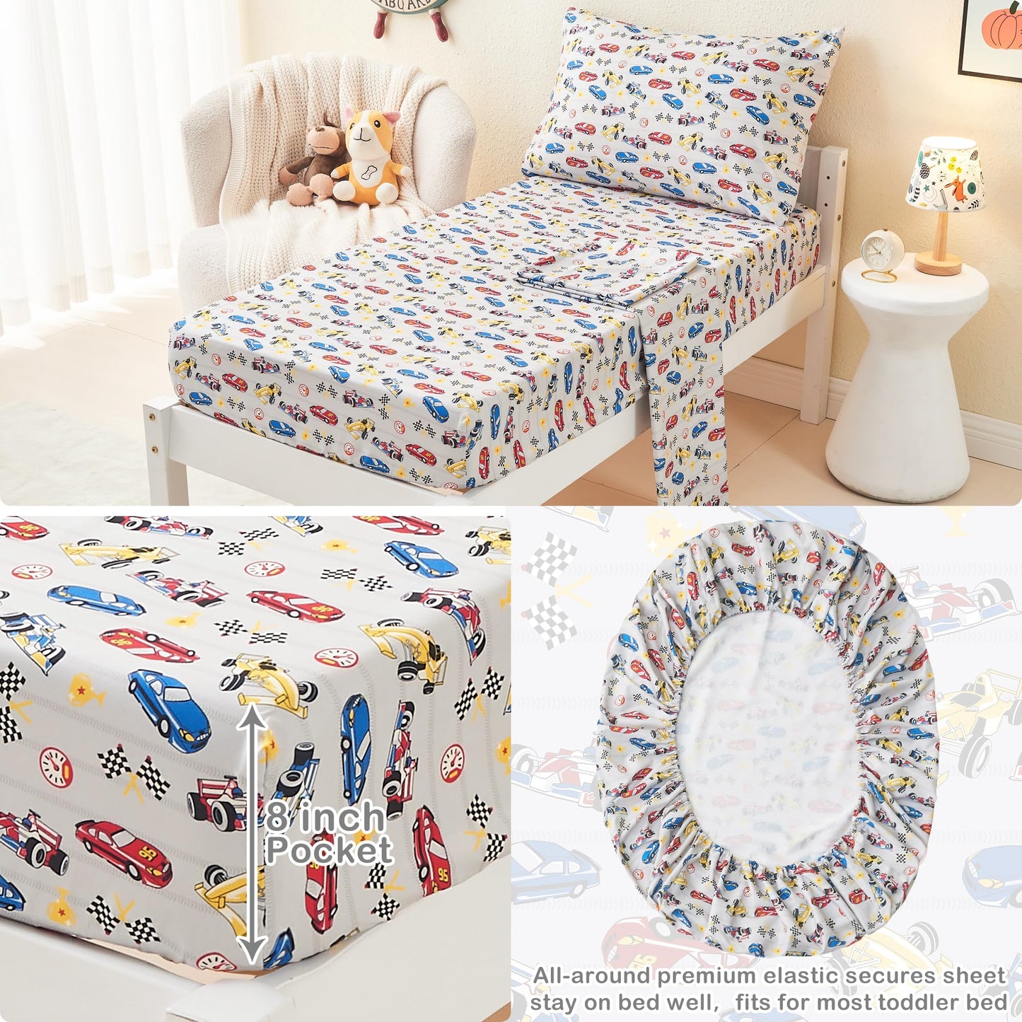 Mooreeke 4 Pieces Toddler Bedding Set - Soft Race Cars Toddler Comforter Sets for Girls, Includes Quilted Comforter, Flat Sheet, Fitted Sheet and Pillowcase, Bed in A Bag for Baby Bedroom