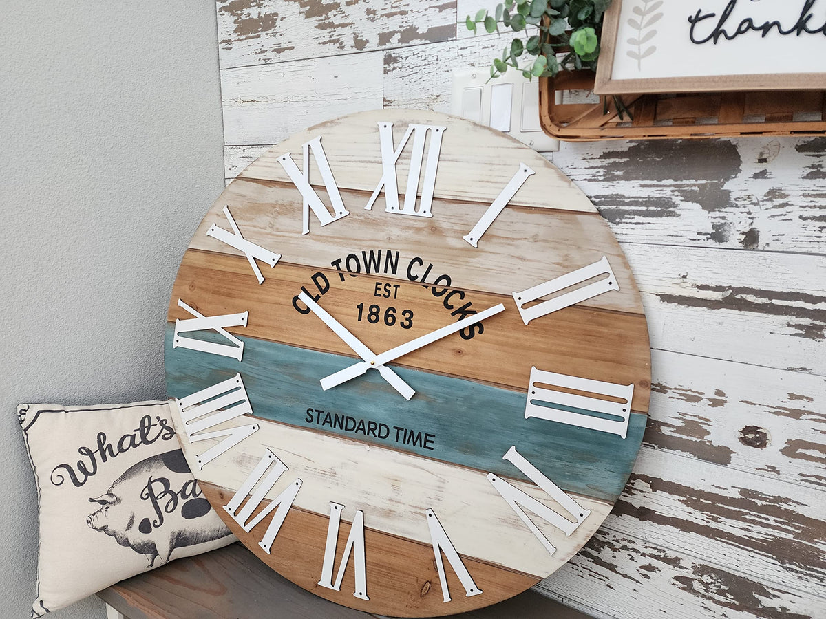 Oldtown Clocks 30" Wooden Multi-Color Maritime Coastal Beach Large Roman Wall Clock (Blue, 30 inch)
