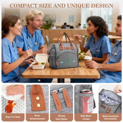 Srotek Nurse Gifts for Women - Embroidered Nurse Lunch Bag for Work, Large Capacity Wide-Open Lunch Box Insulated Reusable Lunch Tote Cooler Bag, Practical Nurse Accessories for Daily Use, Grey