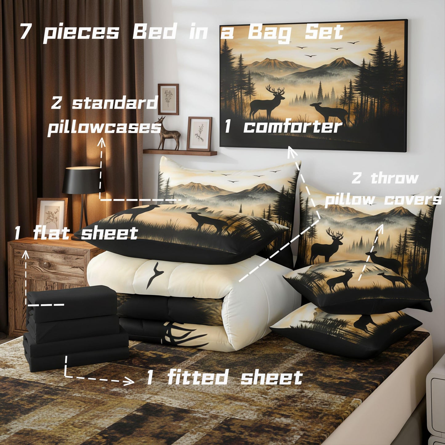 jejeloiu Western Rustic Cute Deer Cabin Comforter Set Queen with Sheets for Kids Boys Girls Hunting 7 Pieces Bedding Set Country Farmhouse Bed in a Bag Foggy Mountain Room Decor