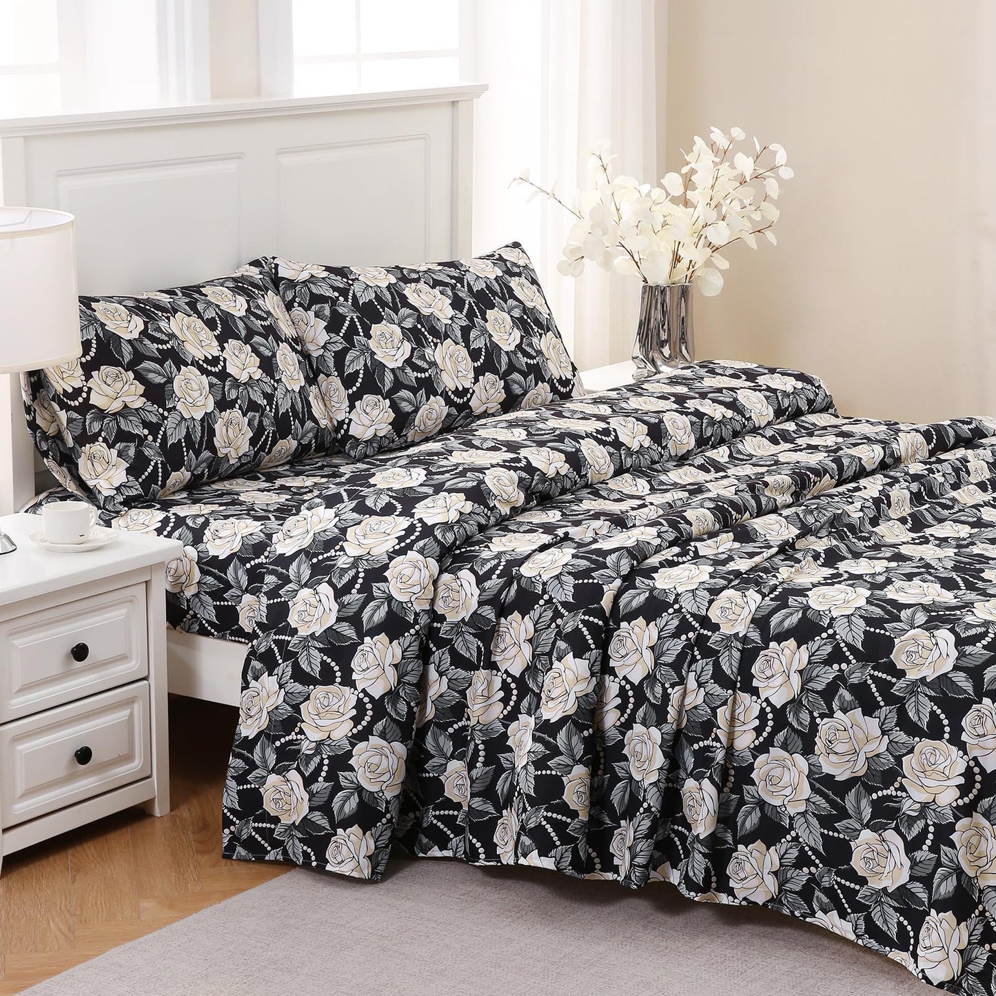 MICORAL Black White Rose Boho Floral Queen Sheet Set, 4-Piece Printed Botanical Bed Sheets, 16" Deep Pocket, Ultra Soft & Cooling Sheet, Oeko-TEX Certified, Black White Rose