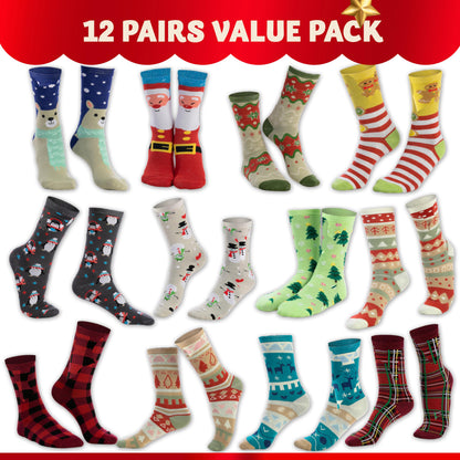 JOYIN 12 Pairs Christmas Socks, Warm Soft Novelty Crew Socks for Winter Christmas, Holiday or Birthday Gift