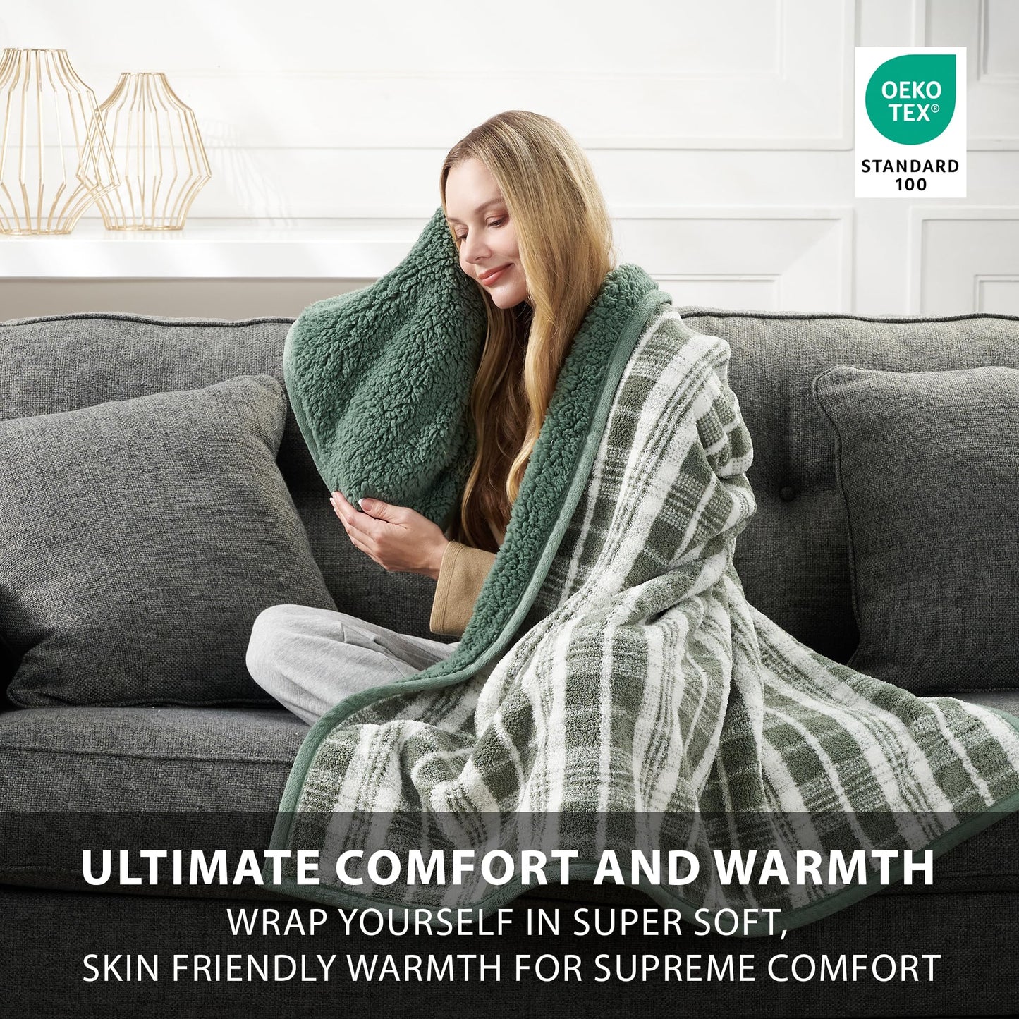 CBCHome Reversible Soft Sherpa Throw Blanket - Cute and Cozy Thick Throw for Couch, Warm Gifts for Women (Green Plaid, 50" x60")