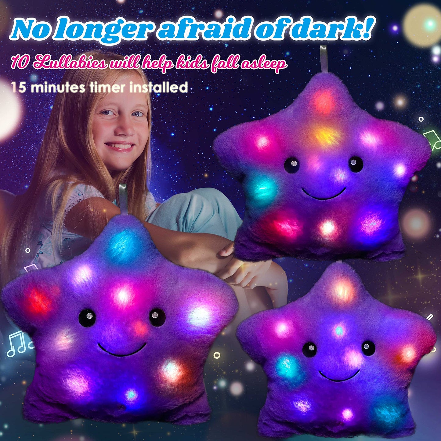 Cuteoy 13" Musical Purple Star Plush Pillow Glowing Twinkle Night Light Stuffed Animal LED Toys Adjustable Volume Birthday for Girls Boys