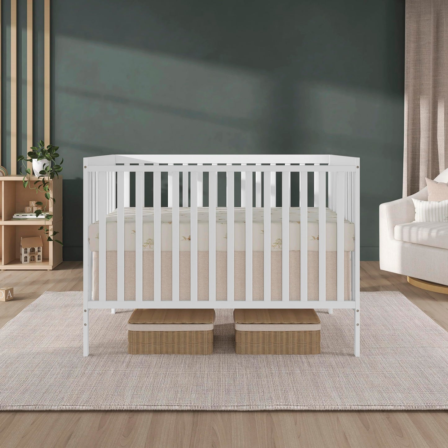 Dream On Me Synergy 5-in-1 Convertible Full-Size Baby Crib with Toddler, Day & Full Bed Conversion in White, GreenGuard Gold & BSA, 3 Mattress Heights, Sustainable Pinewood