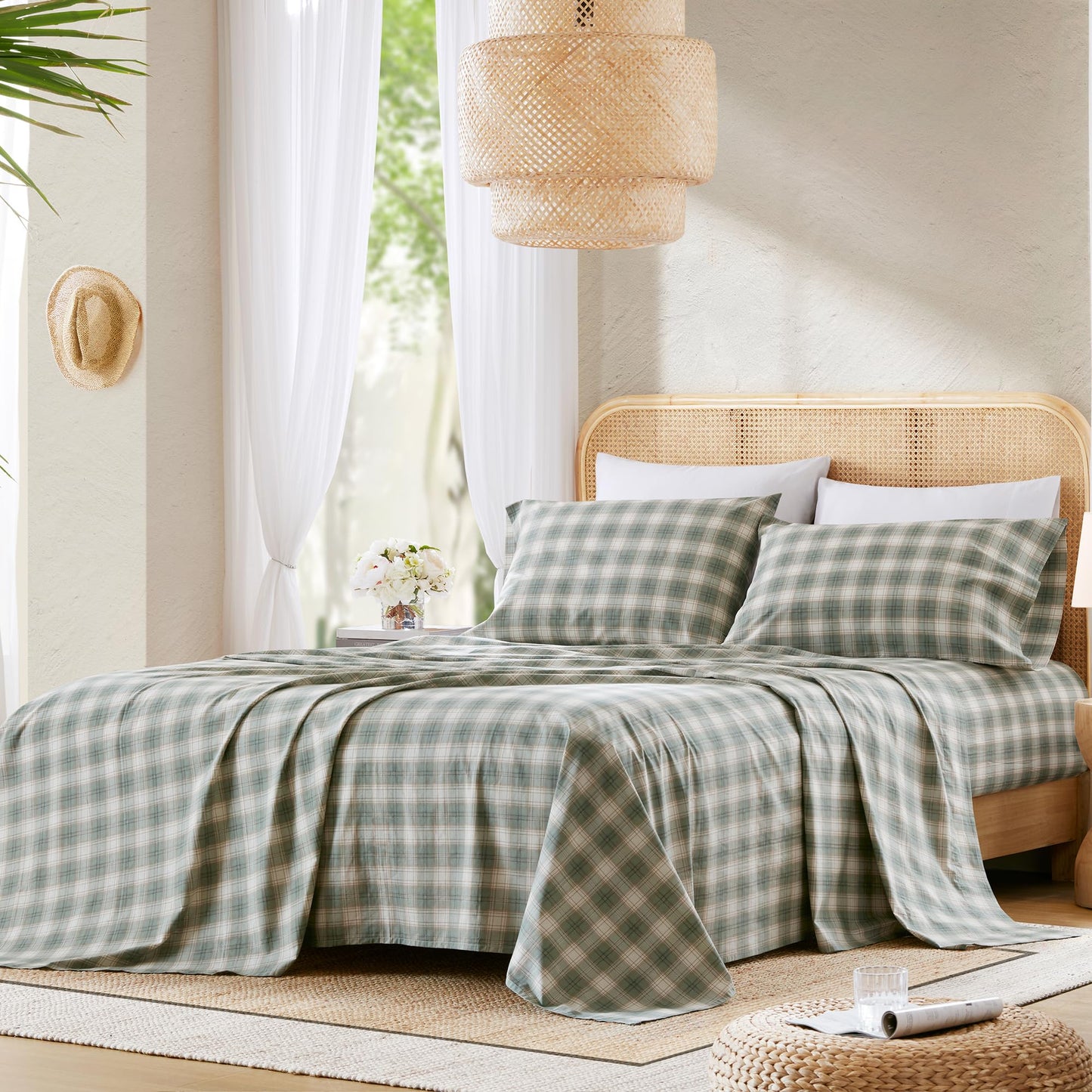 Comfort Spaces 100% Cotton Sheets Full, Breathable, Naturally Cool Cotton Sheets, Soft Cotton Bed Sheets with 14" Elastic Pocket Fits up to 16" Mattress, All Seasons Sheet Set, Wesley Green 4 Piece