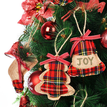 Jetec 20 Pieces Buffalo Plaid Christmas Ornaments Rustic Tartan Burlap Farmhouse Christmas Tree Decors Red Black Buffalo Xmas Tree Ball Plaid Stocking Bell Shaped Hanging Ornaments for Xmas Party