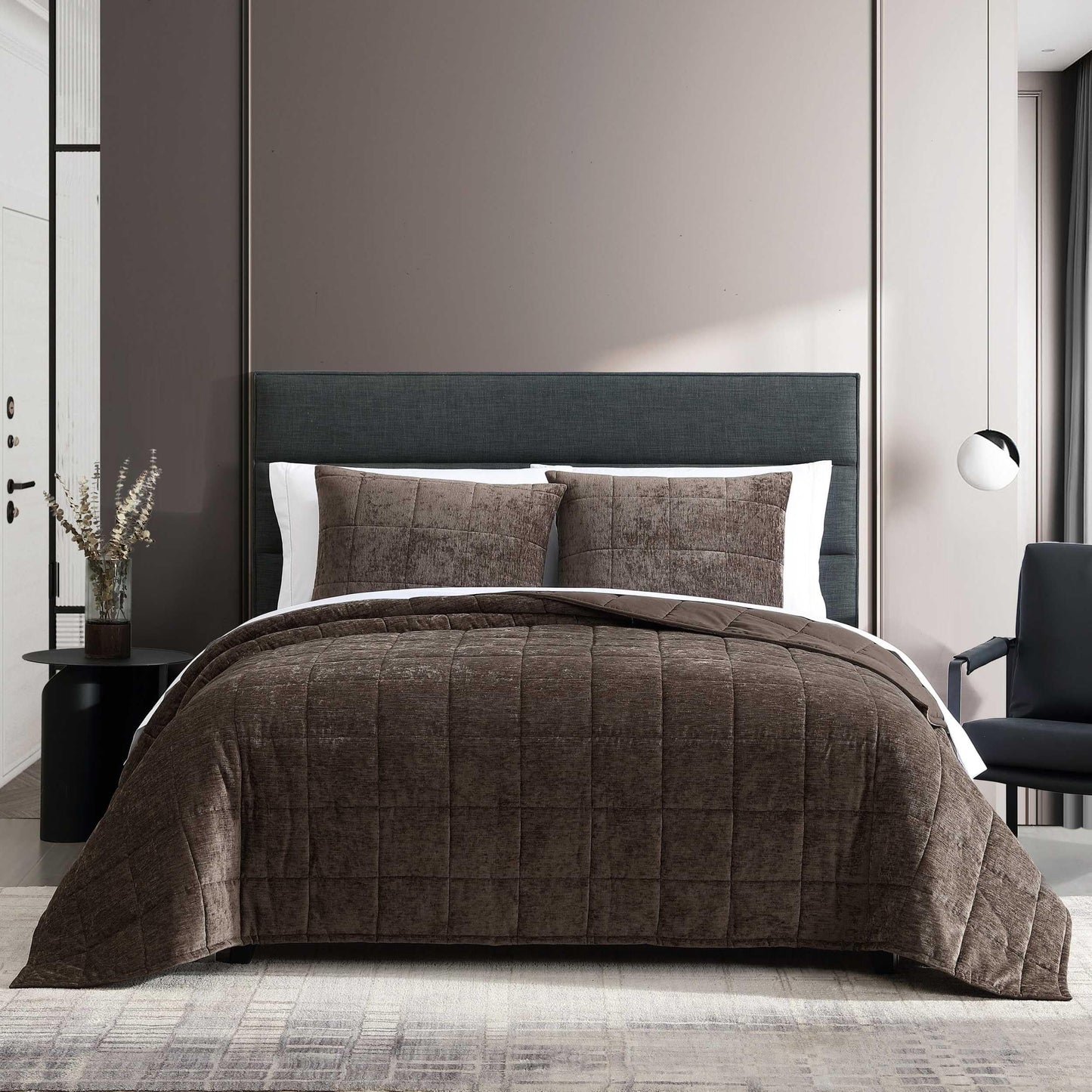 Vera Wang - Queen Quilt Set, Super Soft Bedding Set with Matching Shams, Modern Room Essentials (Chenille Box Solid Chocolate Brown, Queen)