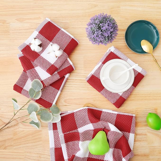 Homaxy 100% Cotton Waffle Weave Check Plaid Dish Cloths, 12 x 12 Inches