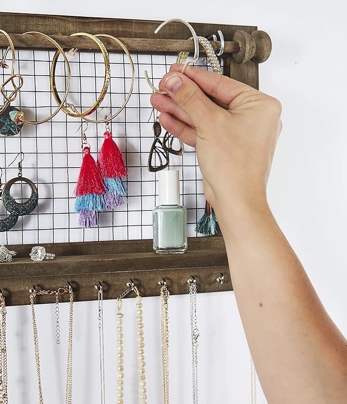 Rustic Jewelry Organizer with Bracelet Rod Wall Mounted