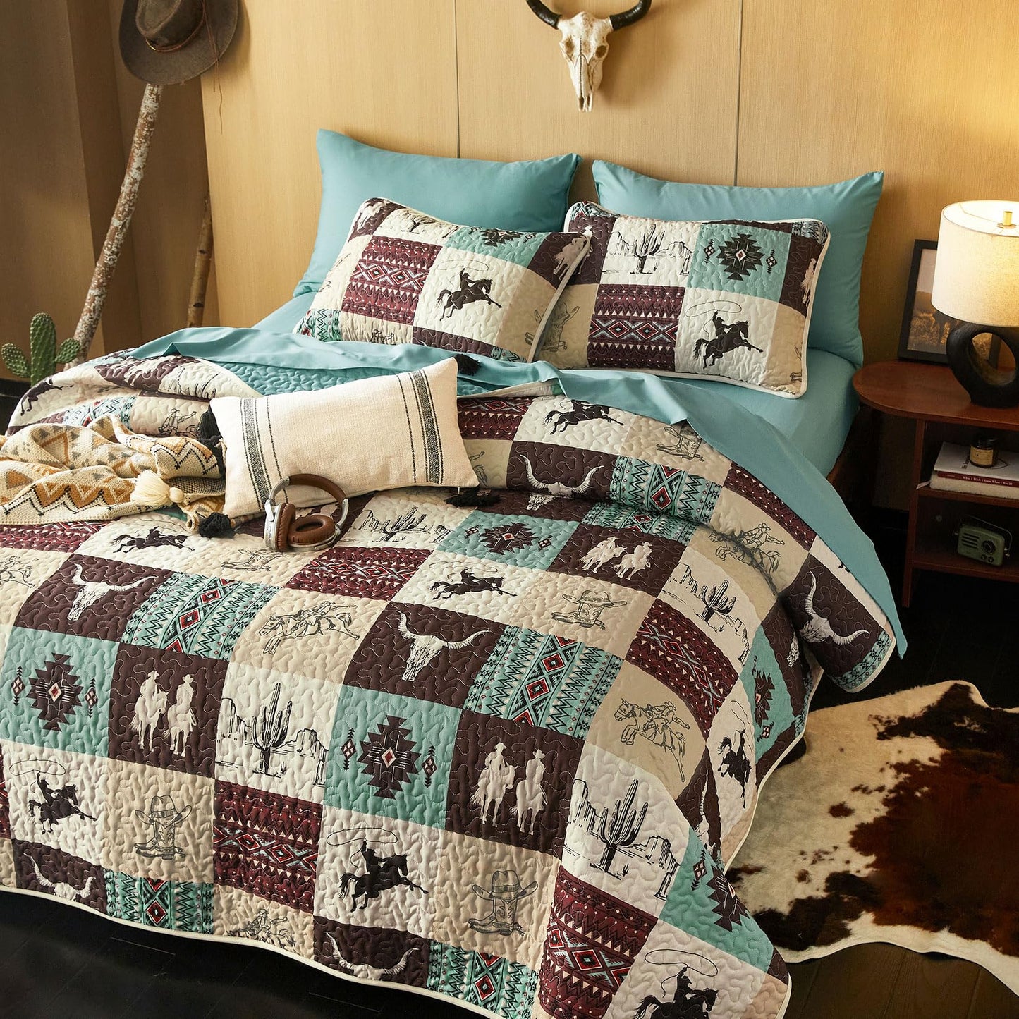 Wake In Cloud - Western Quilt Set, Southwestern Aztec Country Horse Cowboy Rustic Ranch Pattern Printed, Reversible Lightweight Bedspread Coverlet, 3 Pieces, Turquoise Taupe, Queen/Full Size
