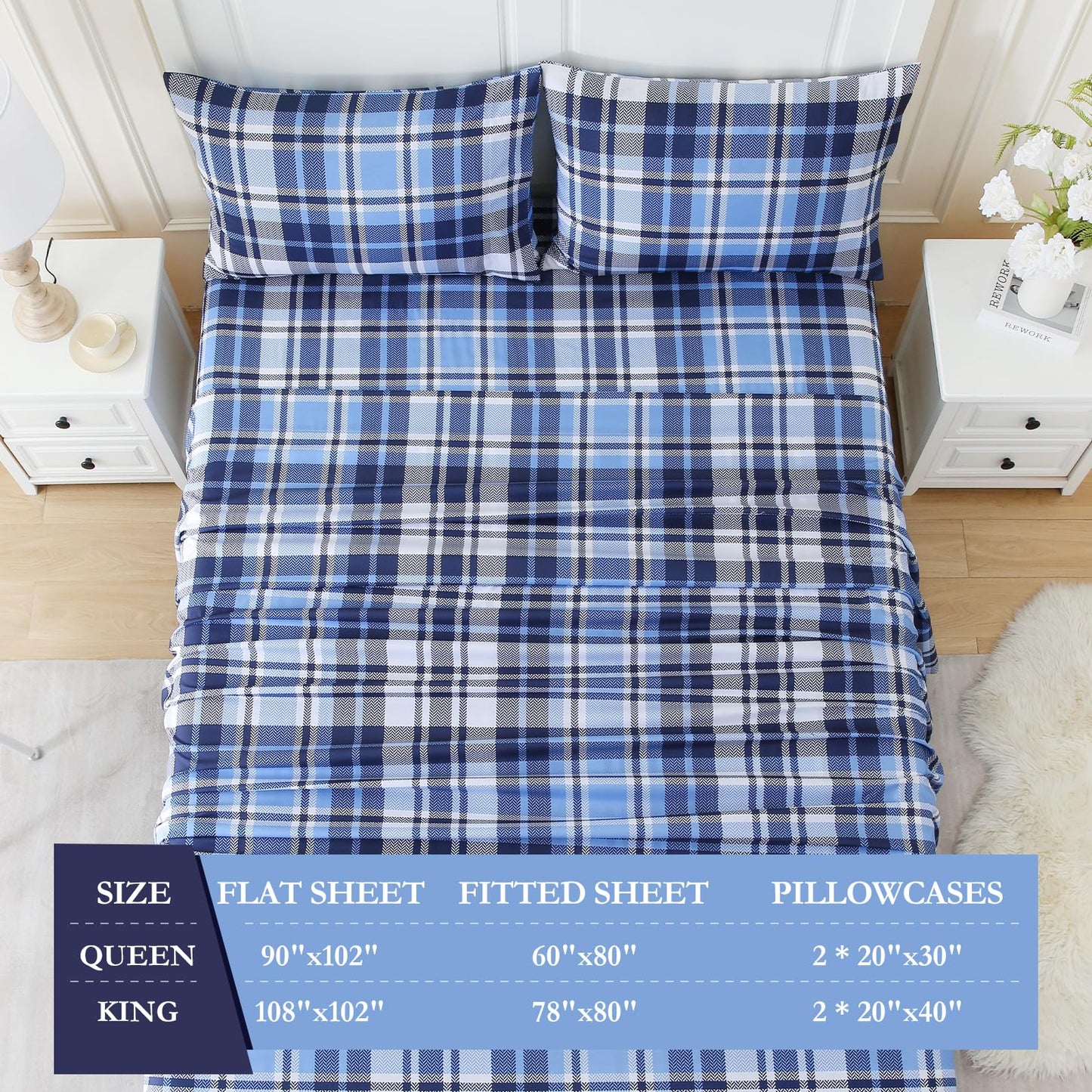 MICORAL Queen Sheet Set Blue Gingham Plaid, 4-Piece Brushed Microfiber Grid Bed Sheets, 16" Deep Pocket, Ultra Soft & Cooling Sheet, Oeko-TEX Certified, Blue