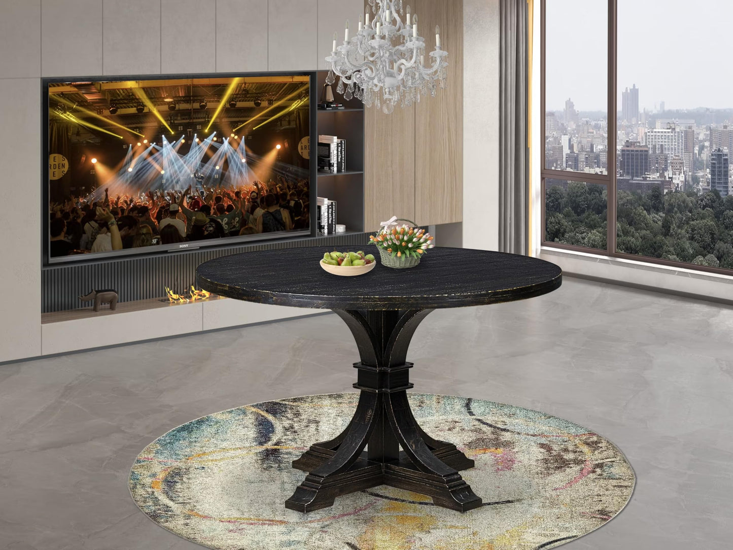 Luxe by East West Furniture - IR7-11-TP - A Wood Wood table with a Round Tabletop and Stylish Pedestal, Sand Blasted Black Finish.