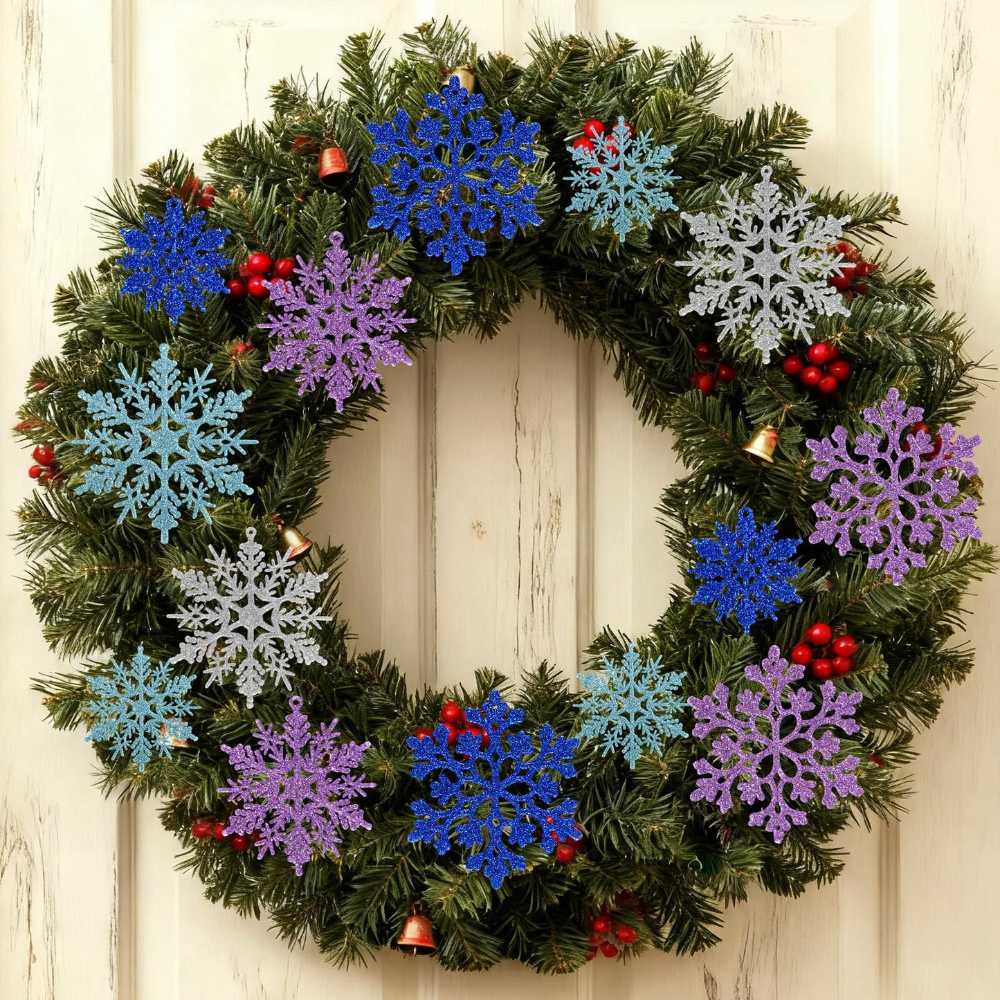 36pcs Light Purple Blue Silver Christmas Snowflake Ornaments, Plastic Glitter Hanging Snow Flakes for Christmas Tree Decorations Winter Wonderland Frozen Birthday Party Home Decor Craft Snowflakes