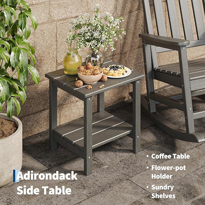 HDPE Rocking Chair Outdoor Set of 2 with Side Table - Poly High Back Porch Rocker Chairs for Adults - All Weather Resistant Furniture for Patio Front Porch - Gray