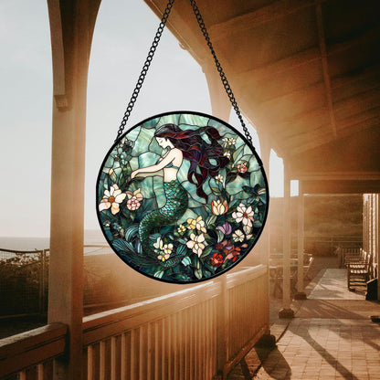 JOSUMALY Stained Glass Window Hanging - Teal Sleeping Mermaid Suncatcher for Door Terrace Garden Home Decor, Sea of Flowers Sun Catcher Birthday Gifts for Lovers Women Men Dad Mom Nana 7.8 in