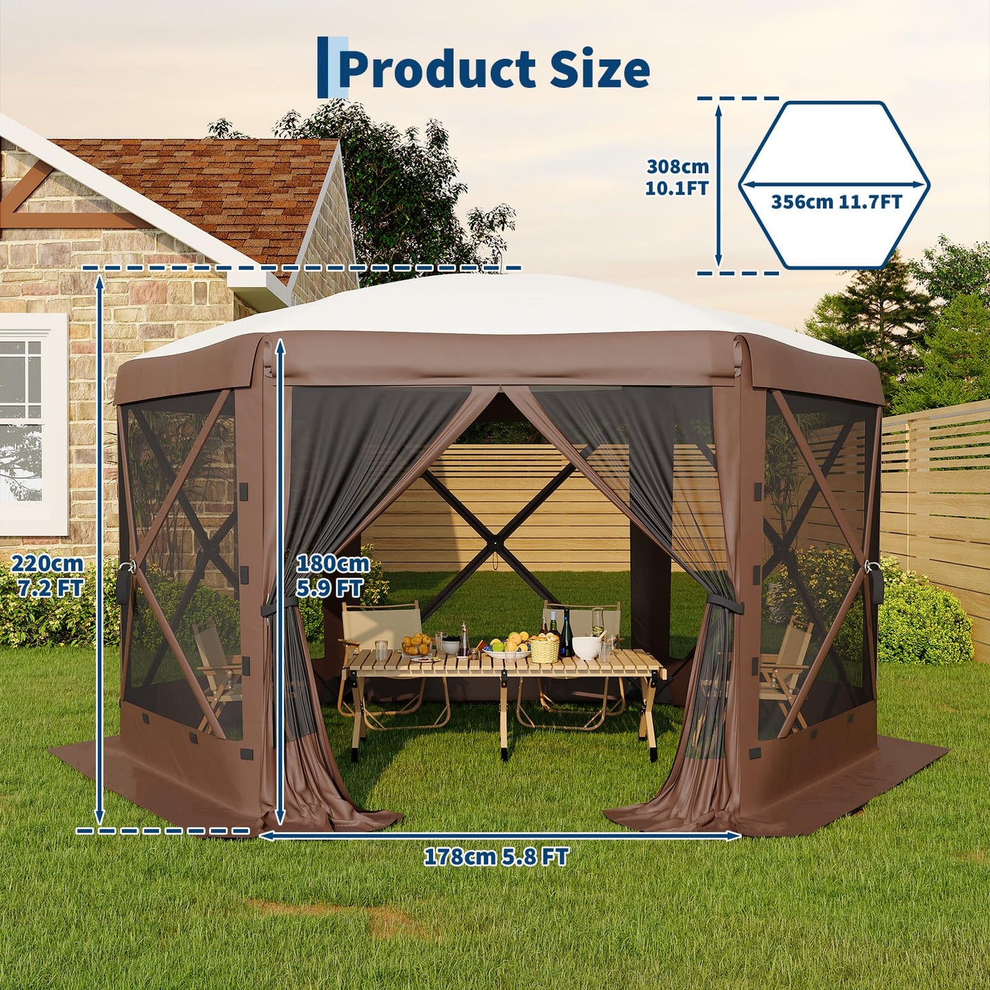 Garvee 12FT Pop-Up Gazebo 6-Sided, Outdoor Canopy Tent with Mosquito Netting & Removable Wind Cloths for Camping, Backyard Parties, Outdoor Events, Beige & Khaki