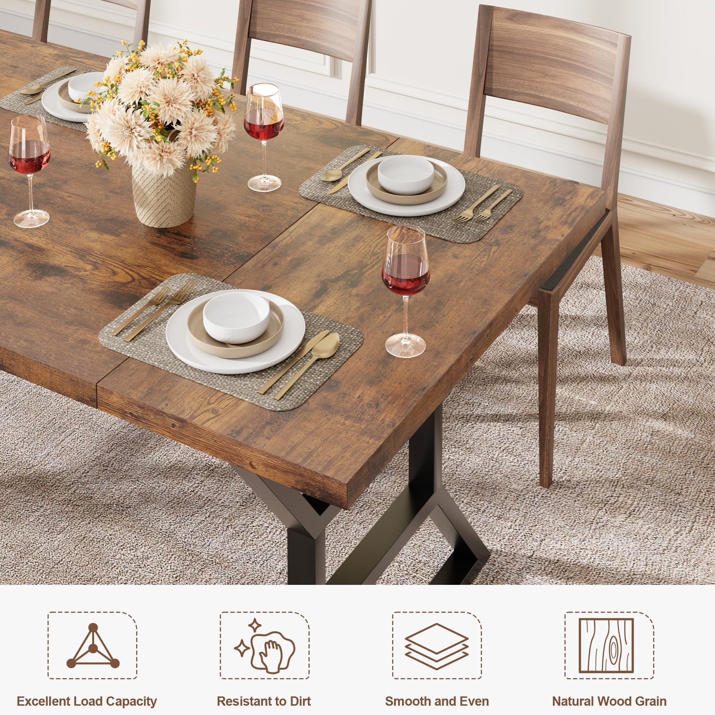 Industrial 71'' Farmhouse Dining Table for 6-8 People - Rustic Distressed Wood Kitchen Table with Black Metal Geometric Base Legs, Large Rectangular Conference Desk for Living Room, Home Office