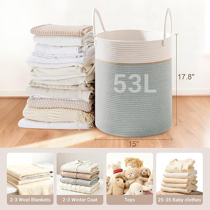 Tall Laundry Basket with Handles, 53L Portable Dirty Clothes Hamper, Boho