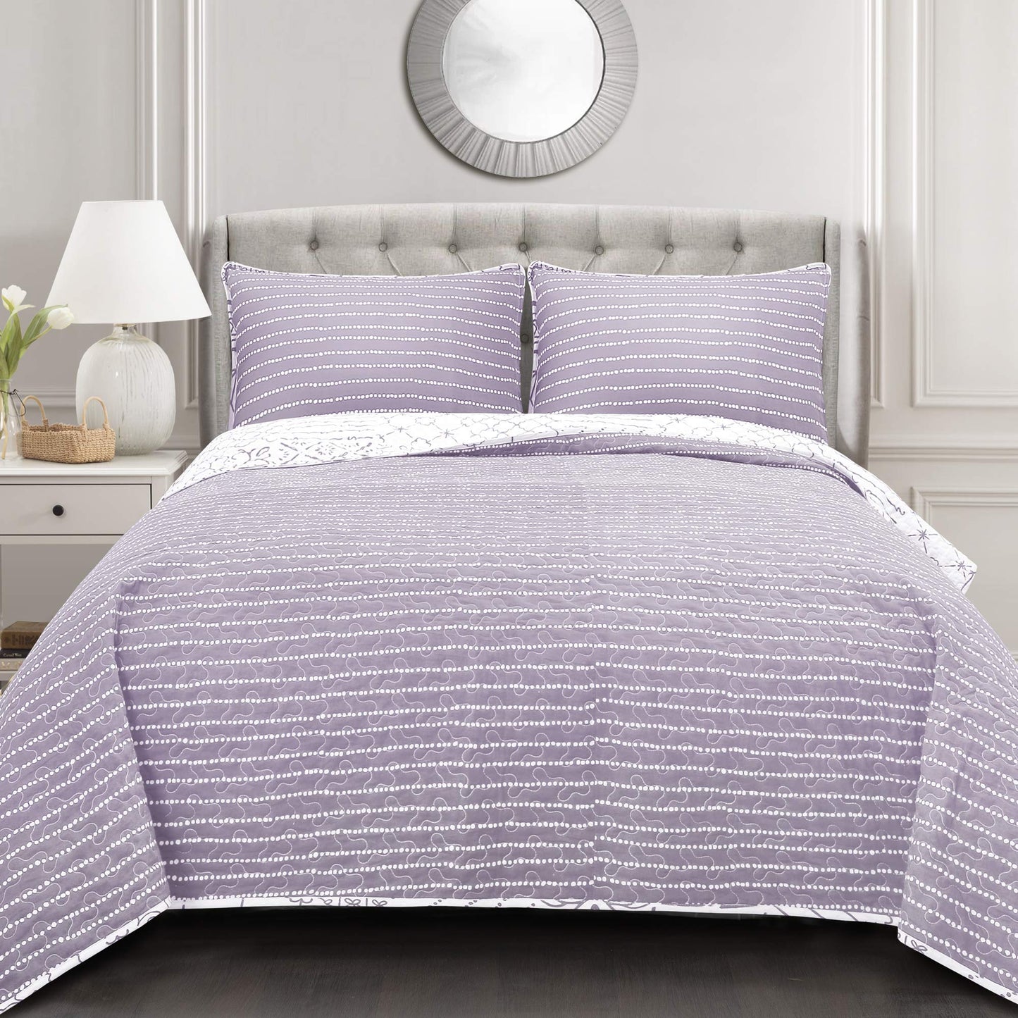 Lush Decor Monique Reversible Cotton Quilt Queen Size 3 Piece Set Full/Queen Lavender - Purple Bedding Set Queen Quilt - Patchwork Quilts - Boho Decor