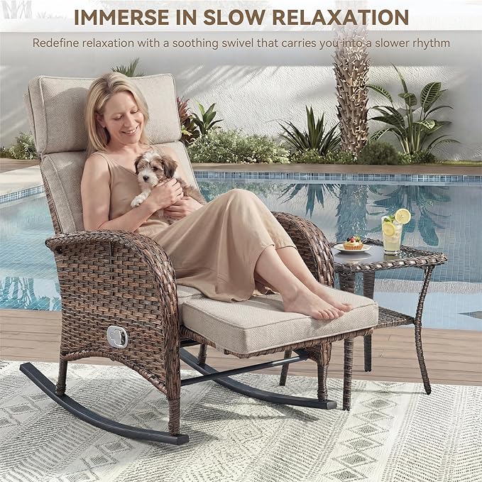 3 Pieces Zero Gravity Wicker Patio Rocking Recliner Chairs Set of 2 - Wicker Outdoor Lounge Chair with Side Table, Adjustable Backrest & Footrest, High Back Outdoor Recliner Chair for Pool Deck Beige