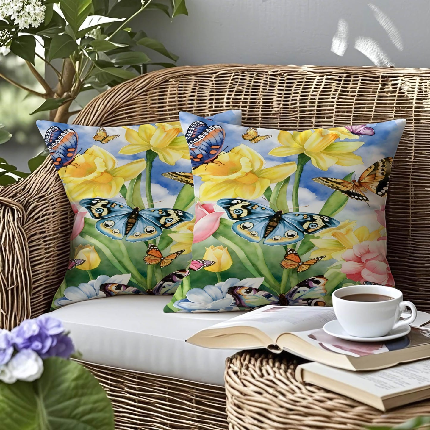 mellicoma Waterproof Outdoor Pillow Covers 18x18 Pack of 2 Watercolor Butterflies and Flowers Throw Spring Outdoor Pillows for Garden Funiture Patio Home