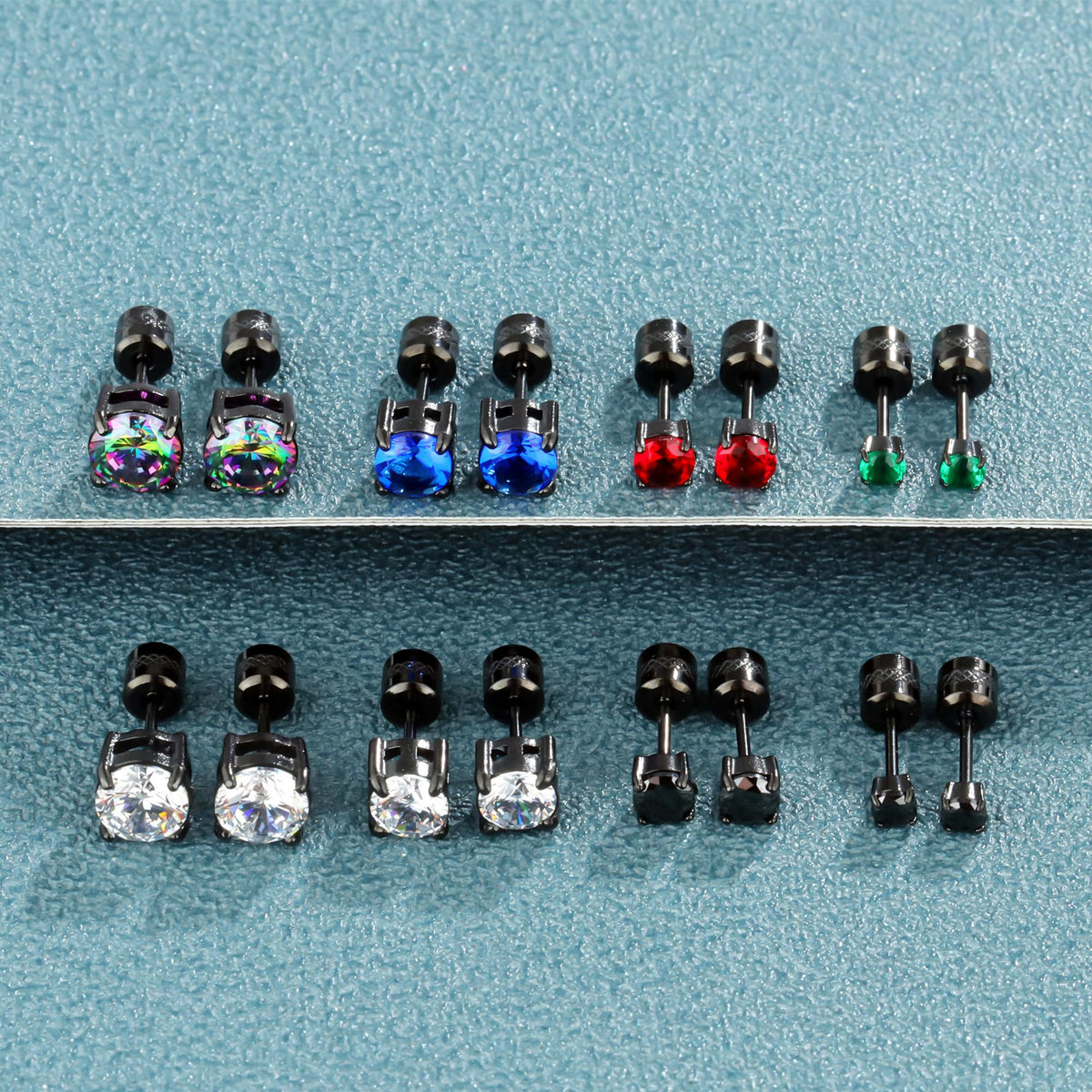 Hopply 4 Pairs Titanium Screw Back Surgical Stainless Steel Earrings for Women Men,Rainbow 5A Cubic Zirconia Studs Double Side Earrings Piercing Sleeper Jewelry 6mm (Green/Red/Blue/Rainbow CZ 3-6mm)