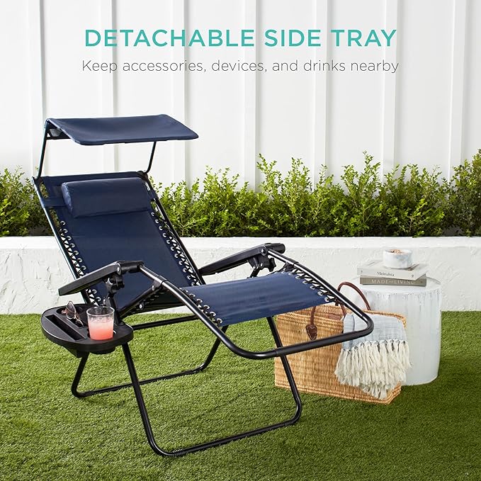 Best Choice Products Folding Zero Gravity Outdoor Recliner Patio Lounge Chair w/Adjustable Canopy Shade, Headrest, Side Accessory Tray, Textilene Mesh - Navy Blue