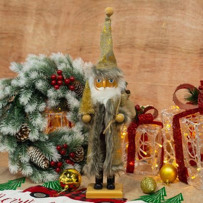 FUNPENY 14" Christmas Decorative Nutcracker, Handmade Wooden Santa Traditional Nutcracker in Flannel Ful Golden Coat, Festive Collectible Nutcracker, Winter Tabletop Christmas Decoration