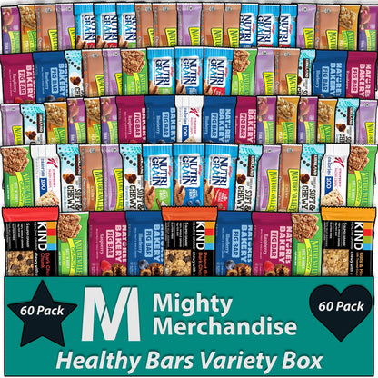 Mighty Merchandise Healthy Mixed Snack Bar Box Variety Basket | (Pack of 60) | Perfect for Men, Women, Adults, Office, School, College, Work | Gift Basket