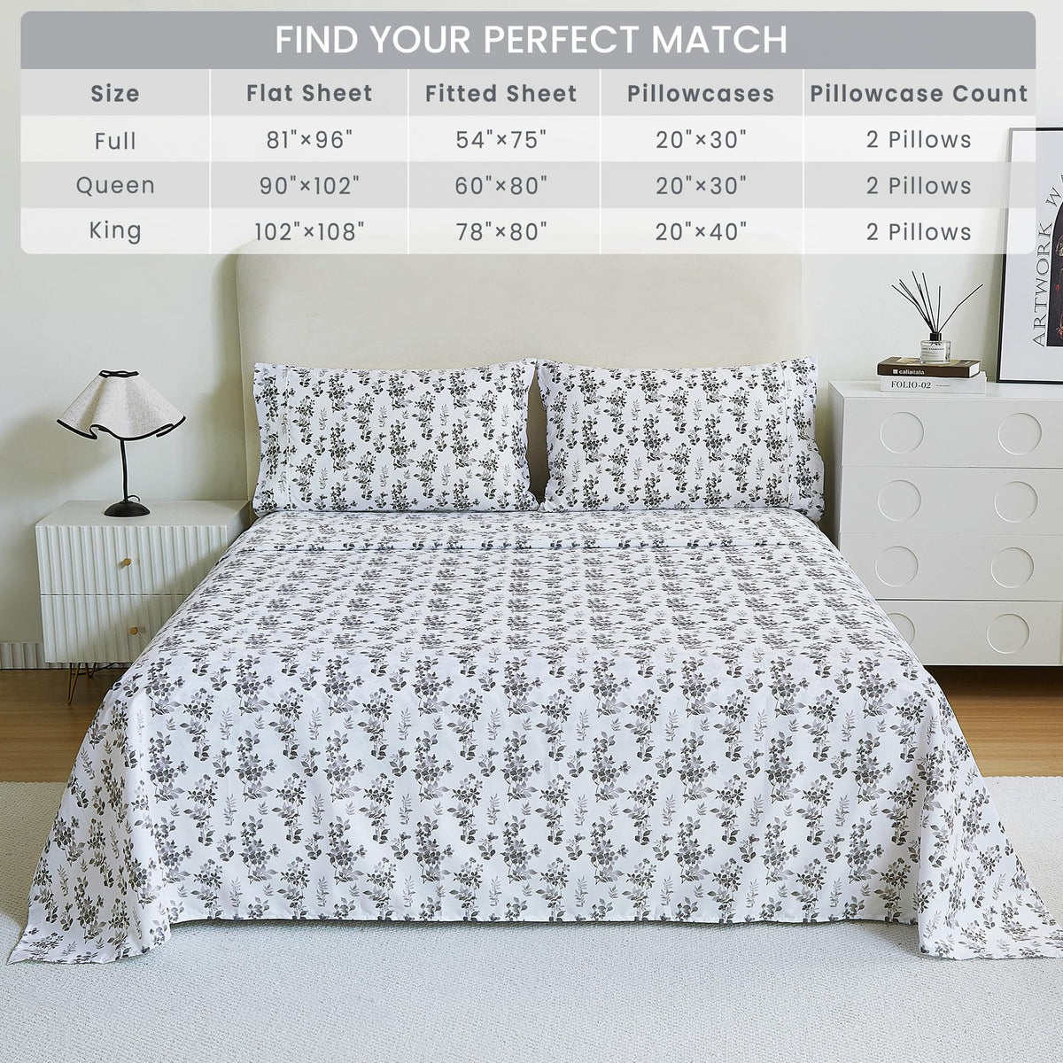 Mooreeke Cozy Vintage Microfiber Printed Queen Sheet Set - Soft Breathable Percale Cotton Floral Bed Sheets with Deep Pocket - Non-Slip Fitted Design - Gradient Grey Small Flowers Pattern