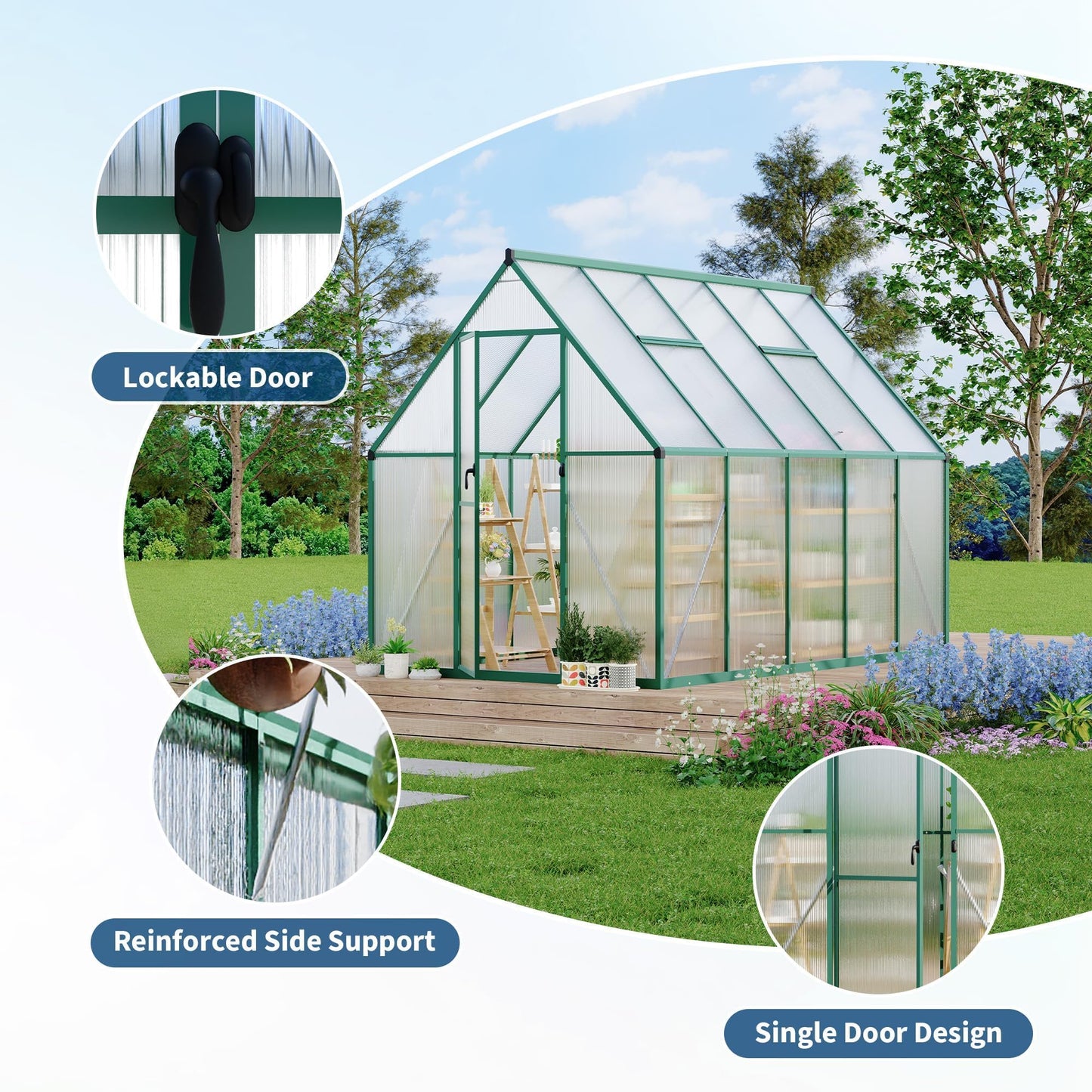 Heavy Duty 6x9 FT Polycarbonate Greenhouse for Outdoors, Aluminum Frame, UV-Blocking Panels, Double Doors, Roof Vent, Rain Gutter—Small Greenhouse for Outside Gardening