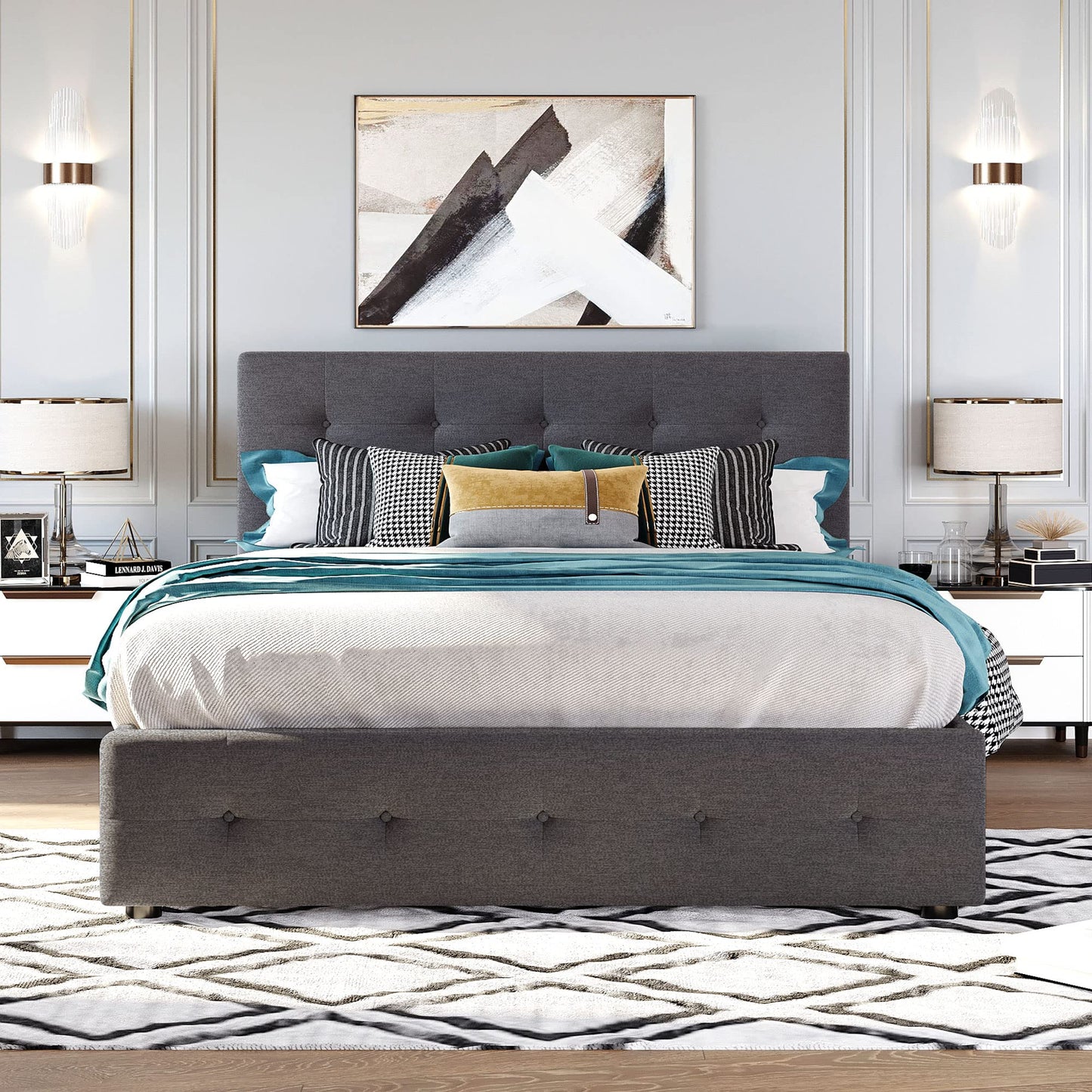 Ball & Cast Queen Bed Frame with 2 Drawers and 1 Twin XL Trundle, Linen Upholstered Platform Bed Frame Queen Size with Button Tufted Headboard & Wood Slats Support,No Box Spring Needed,Dark Gray
