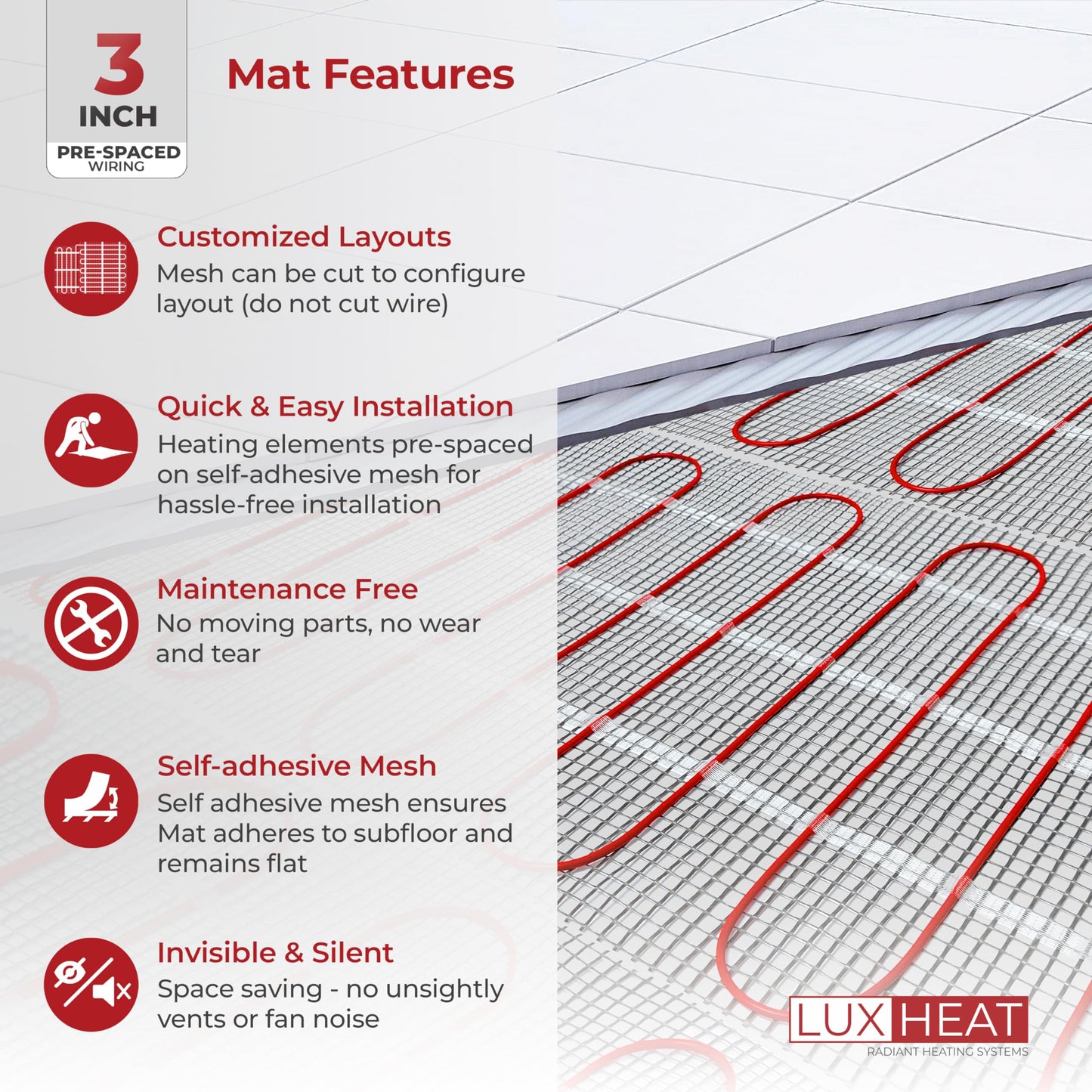 LuxHeat 40sqft Floor Heating Mat Kit – 120v Electric Radiant Floor Heat Kit – Heated Flooring System for Tile & Laminate - Includes UDG Programmable Thermostat w/GFCI, Alarm & Sensor